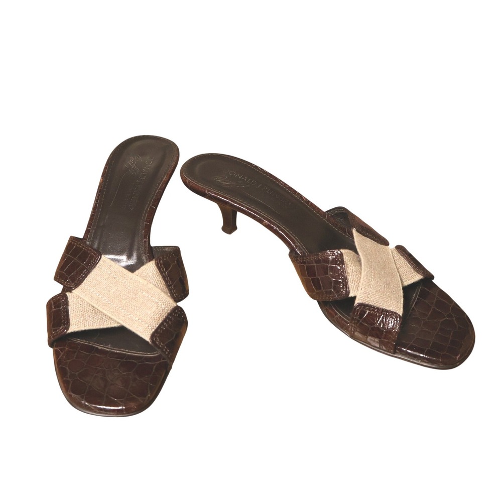 VTG Y2K Donald Pliner Kiki Kitten Heel Sandal Size 7.5 Brown Croc Linen Leather